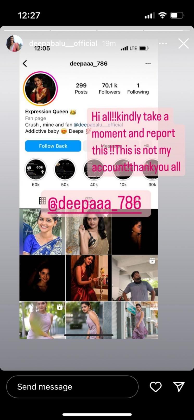 youtube actress deepa balu alerts fans about twitter instagram fake accounts
